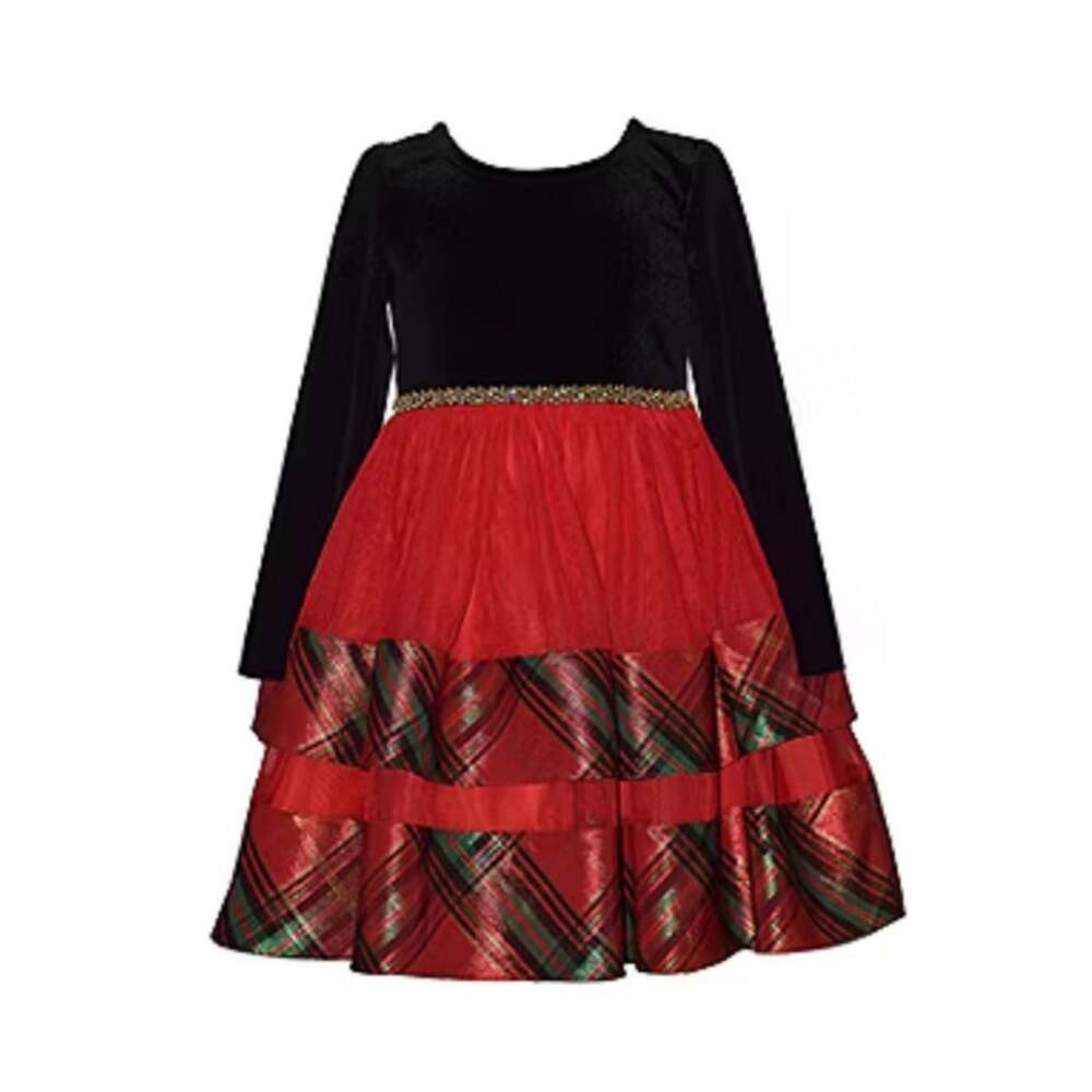 Bonnie Jean Red Velvet & Plaid Tiered Holiday Dress Girls New Christmas Size 10